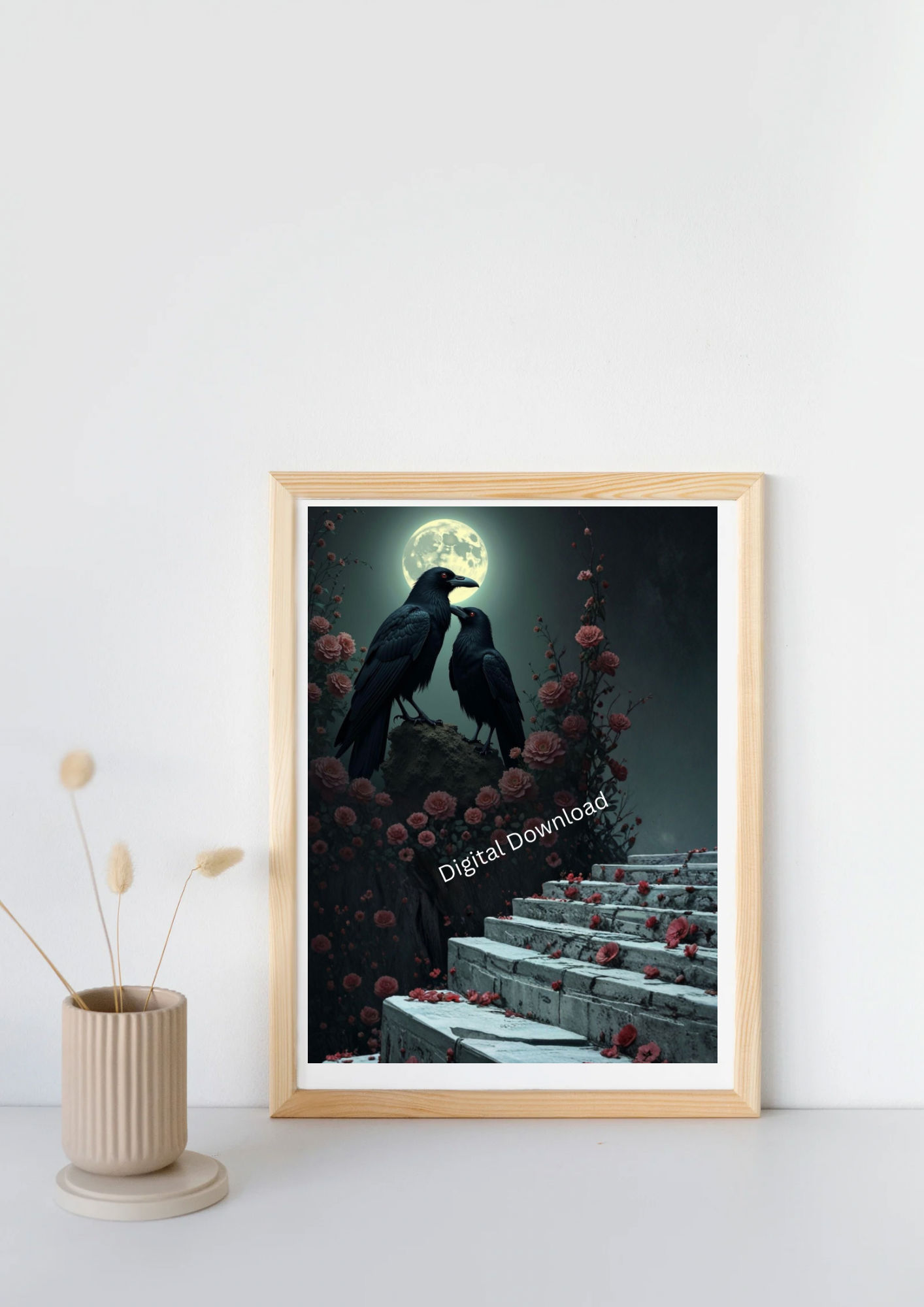 Ravens by steps of blossoms under the Moon