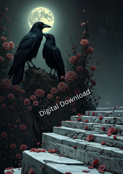 Ravens by steps of blossoms under the Moon