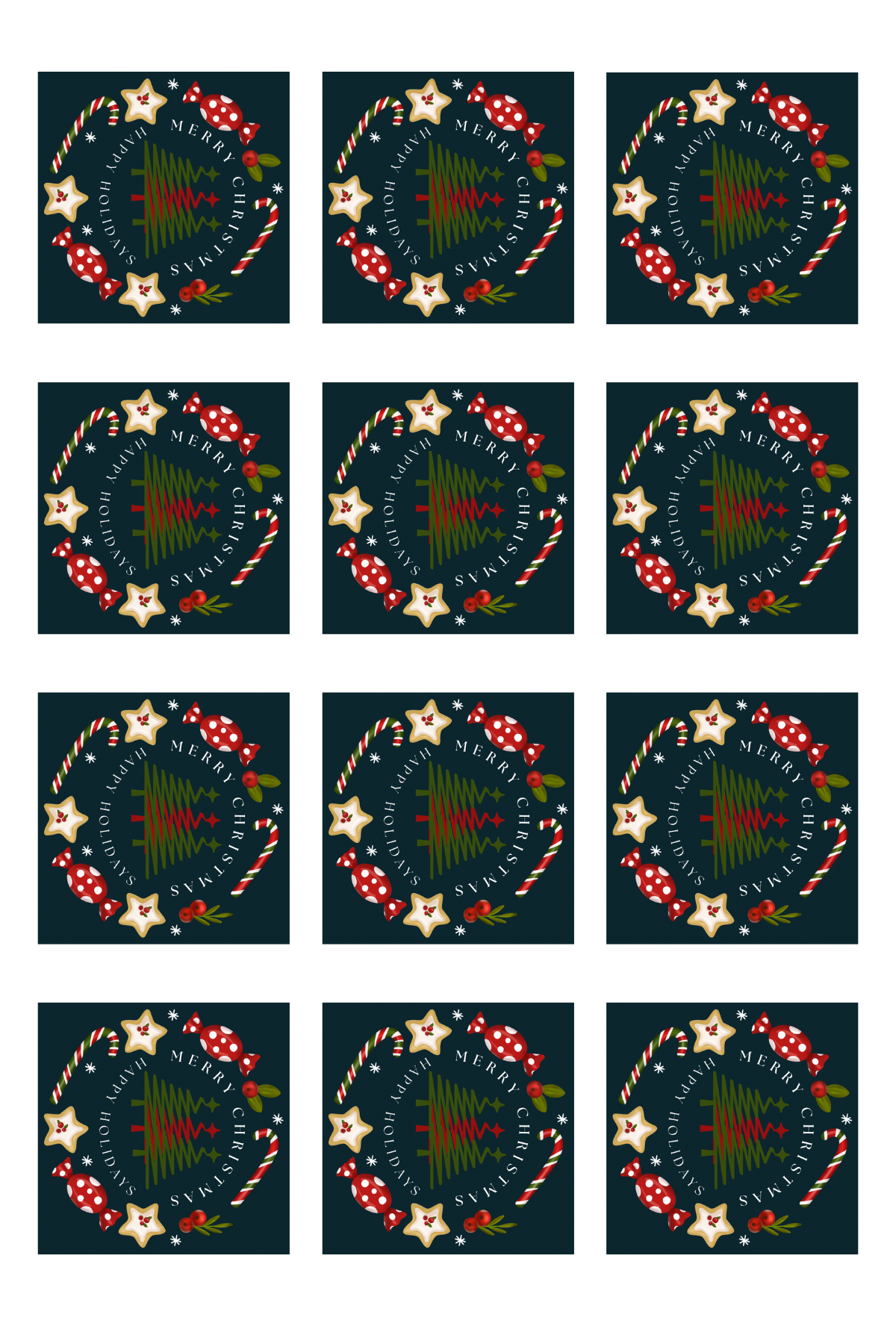Merry Christmas & Happy Holidays Stickers (48 stickers per 11x8.5 size sheet)
